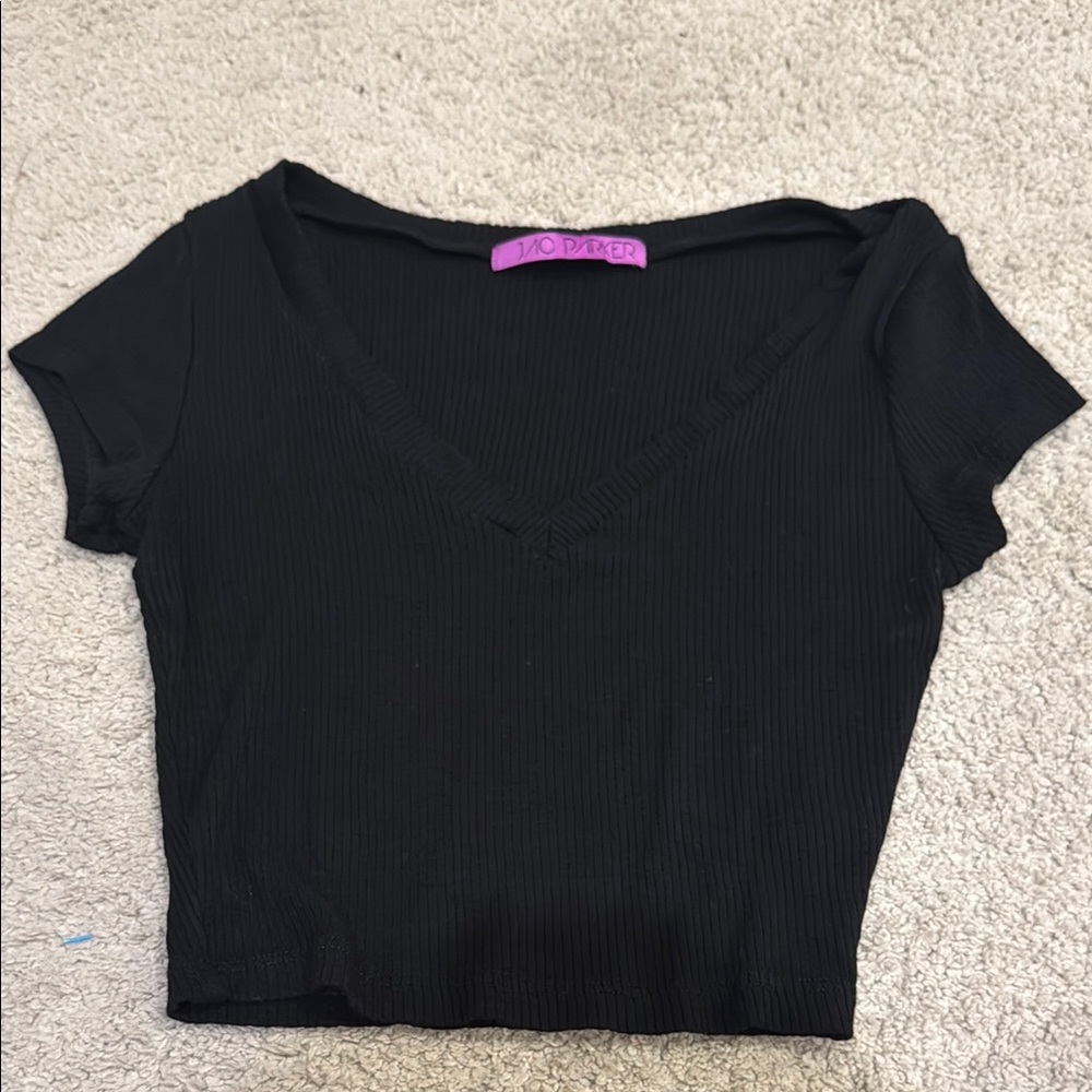 Black Ribbed V-Neck Top